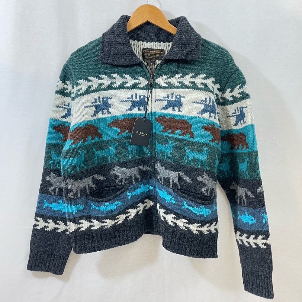 RARE Filson Womens Italian Wool Fairisle Cardigan Zip-up Sweater Animals L NWT